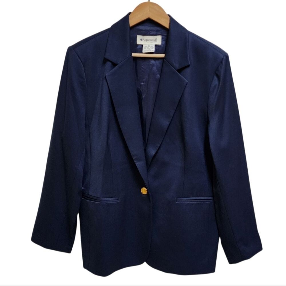 Appleseeds Navy 100% Wool Blazer Women Sz 18 Button Sheen Preppy Classic Vintage